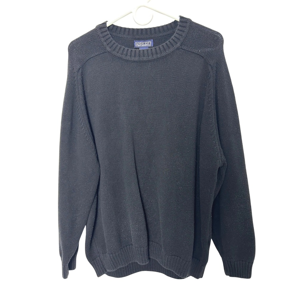 Vintage Lands End Sweater 1X Black 100% Cotton Crewneck Drifter Shaker Knit USA